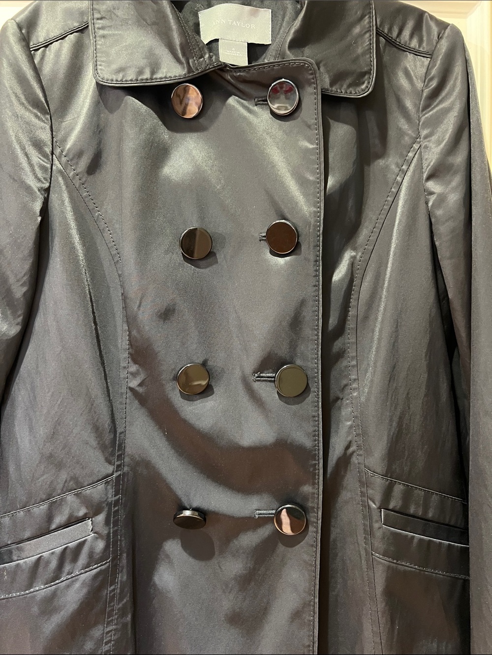 Ann Taylor Black Double-Breasted Trench Coat with Notch Lapel